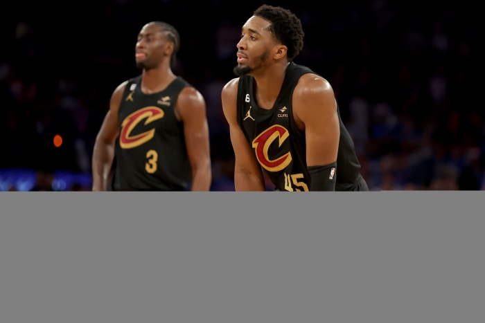 Apr 21, 2023; New York, New York, USA; Cleveland Cavaliers guards Donovan Mitchell (45) and Caris LeVert (3) react during the fourth quarter of game three of the 2023 NBA playoffs against the New York Knicks at Madison Square Garden. Mandatory Credit: Brad Penner-USA TODAY Sports